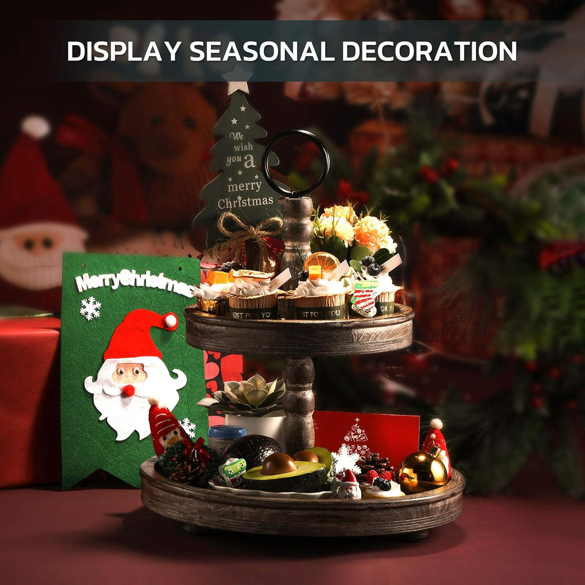 Two Tier Distressed Wood Serving Tray G36617