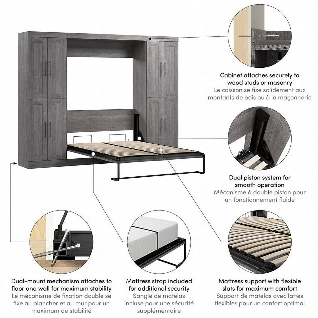Bark Gray Full Murphy Bed with Storage Cabinets X7354