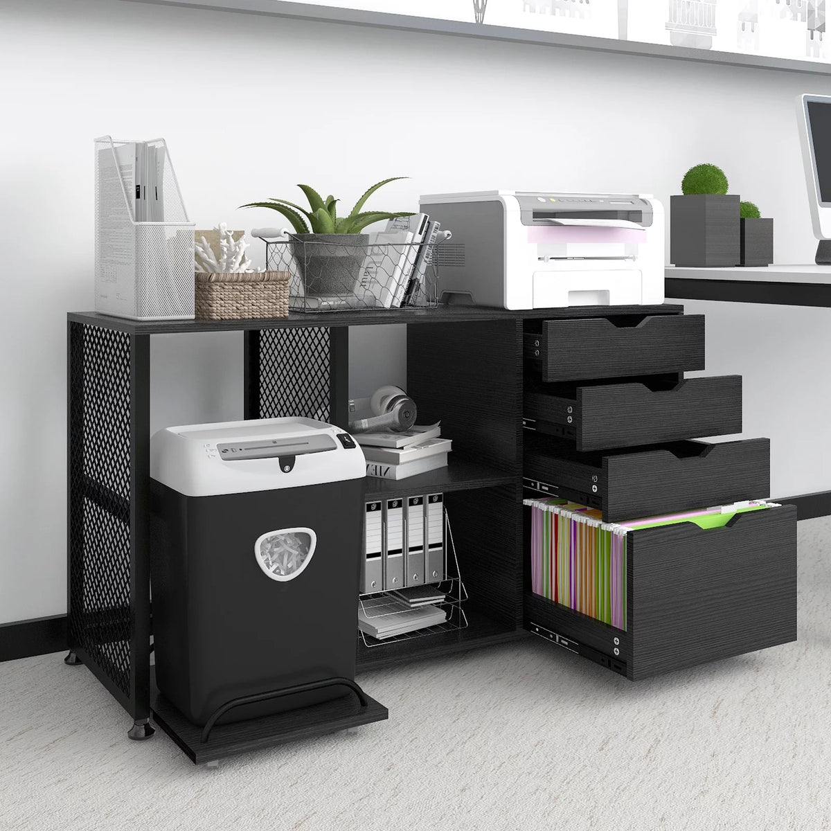 Black 4 Drawer Mobile File Cabinet with 3 Shelves Z331