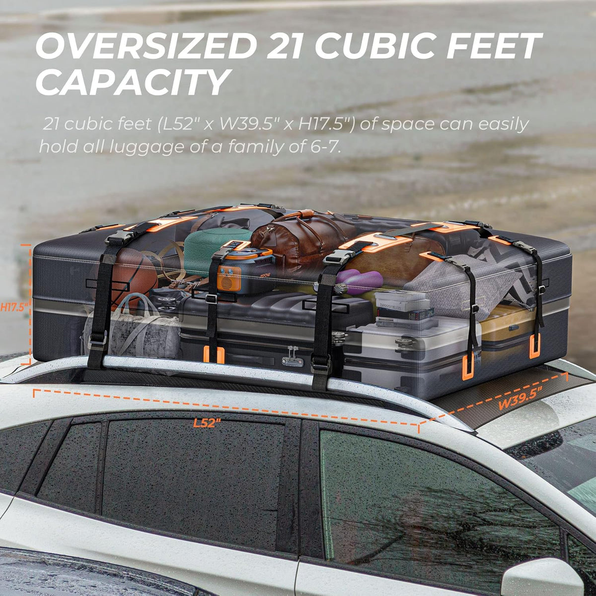 Car Rooftop Bag, 21 Cubic, 100% Waterproof, Rooftop Cargo Carrier with 10 Straps + 4 Door Hooks + Anti-Slip Mat + Storage Bag X503
