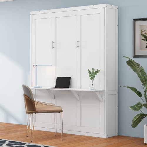 White Full Size Wood Murphy Bed with Desk P154