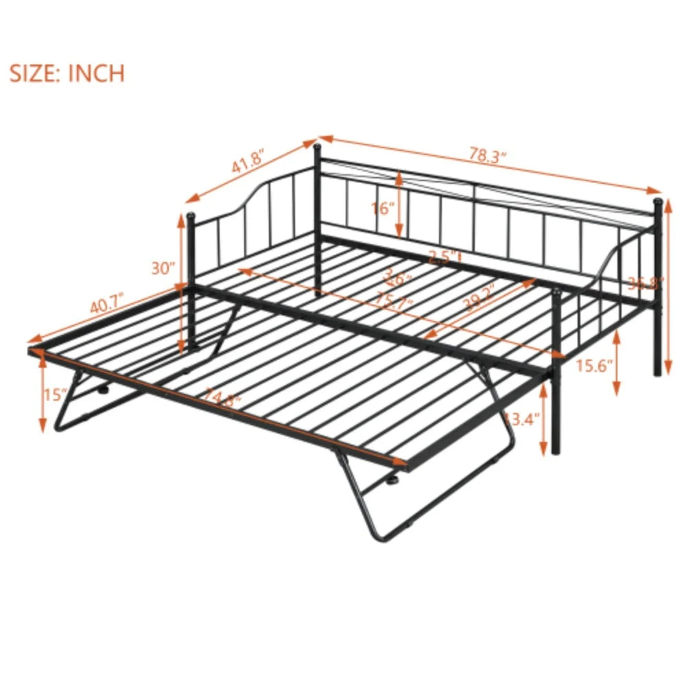 Twin Size Black White Metal Daybed with Adjustable Trundle N20269