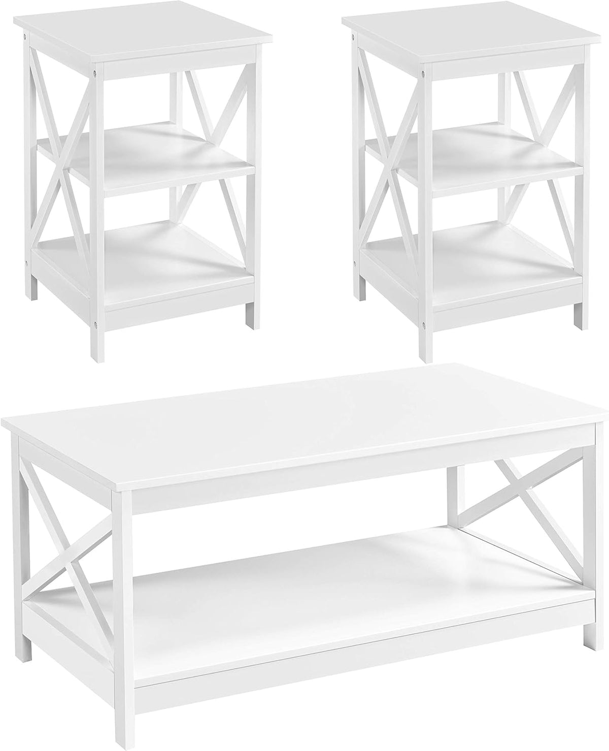 White 3 Piece Wood Table Set with Shelf and 2 End Tables M35373