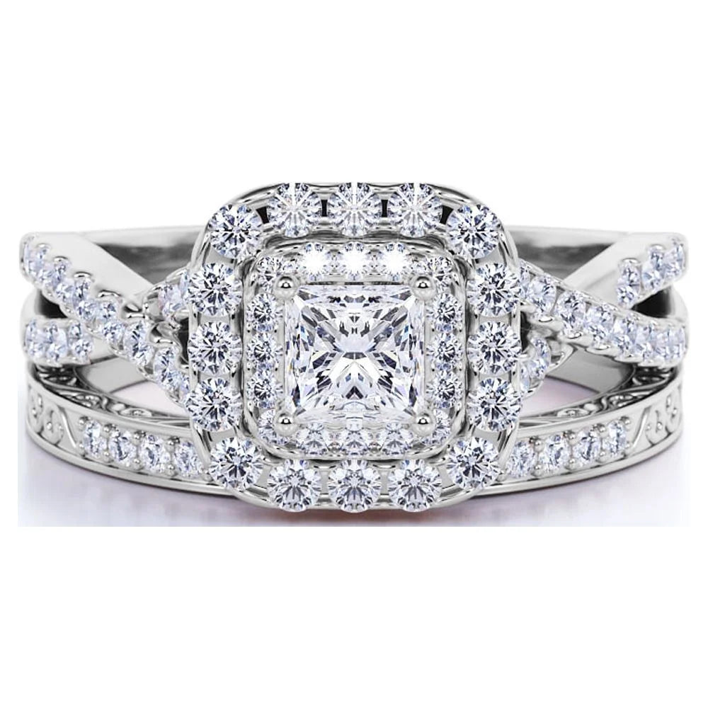 18K White Gold over Silver Moissanite Wedding Ring Set B463