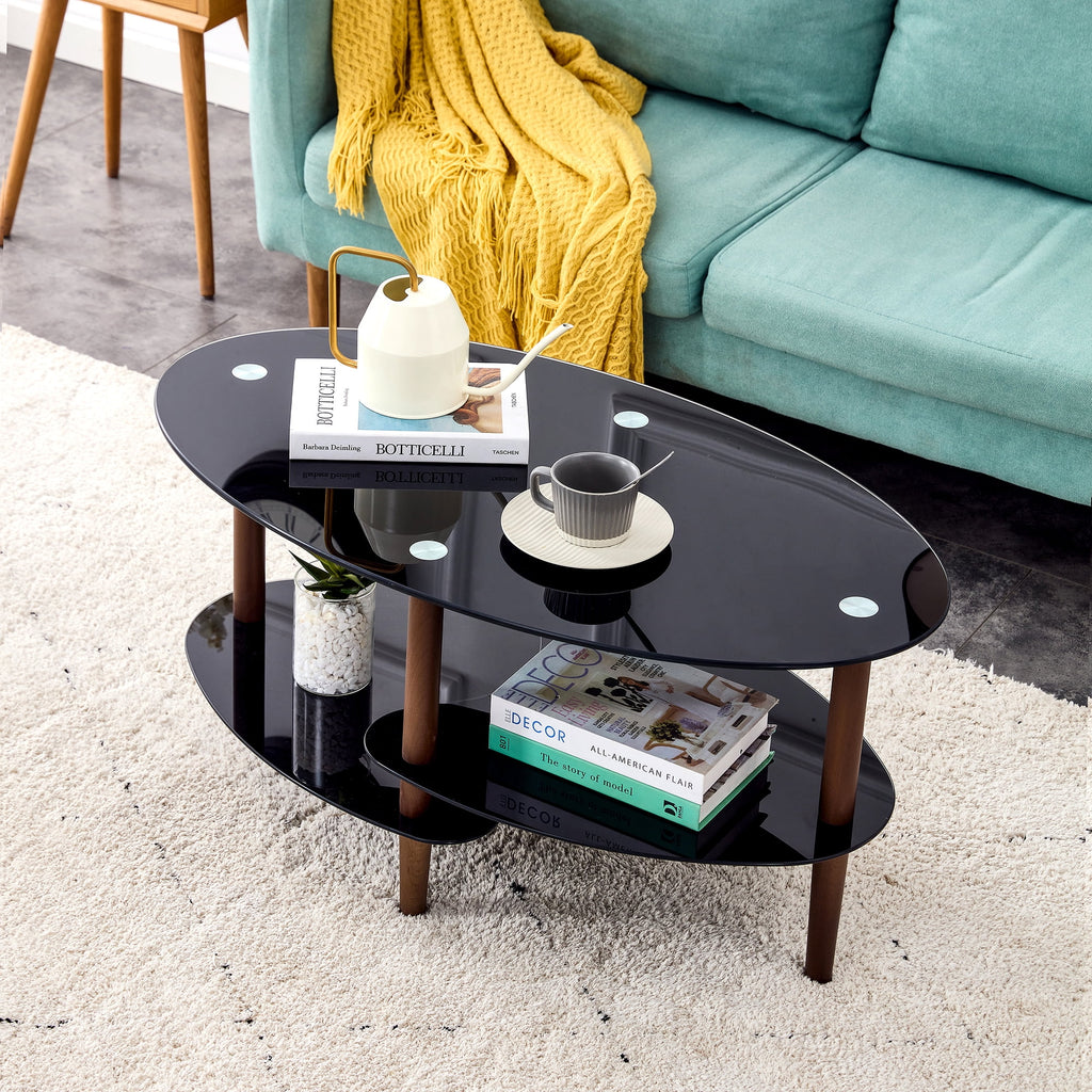 Black Oval Glass Coffee Table with Oak Legs H12446