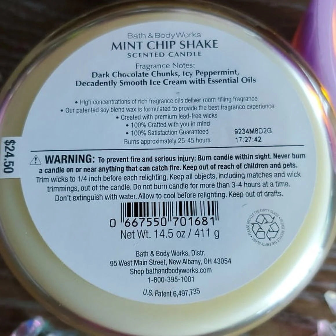 Three Wick Candle Vanilla Mint Chocolate Chip O13615