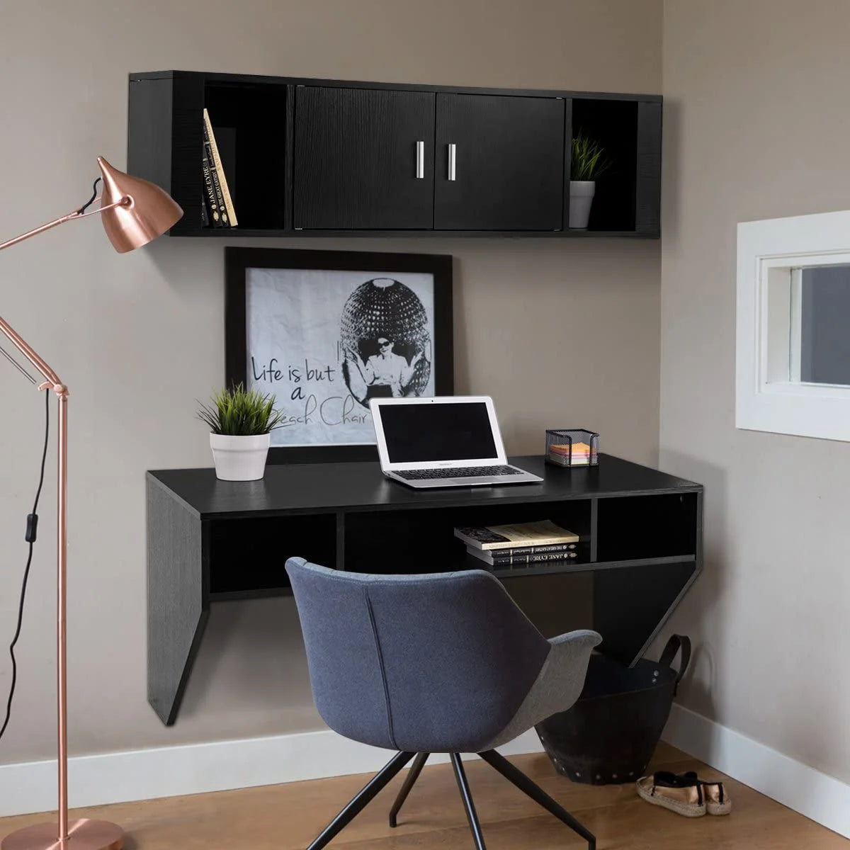 Wall Mounted Floating Computer Desk with Shelves Black Y20301