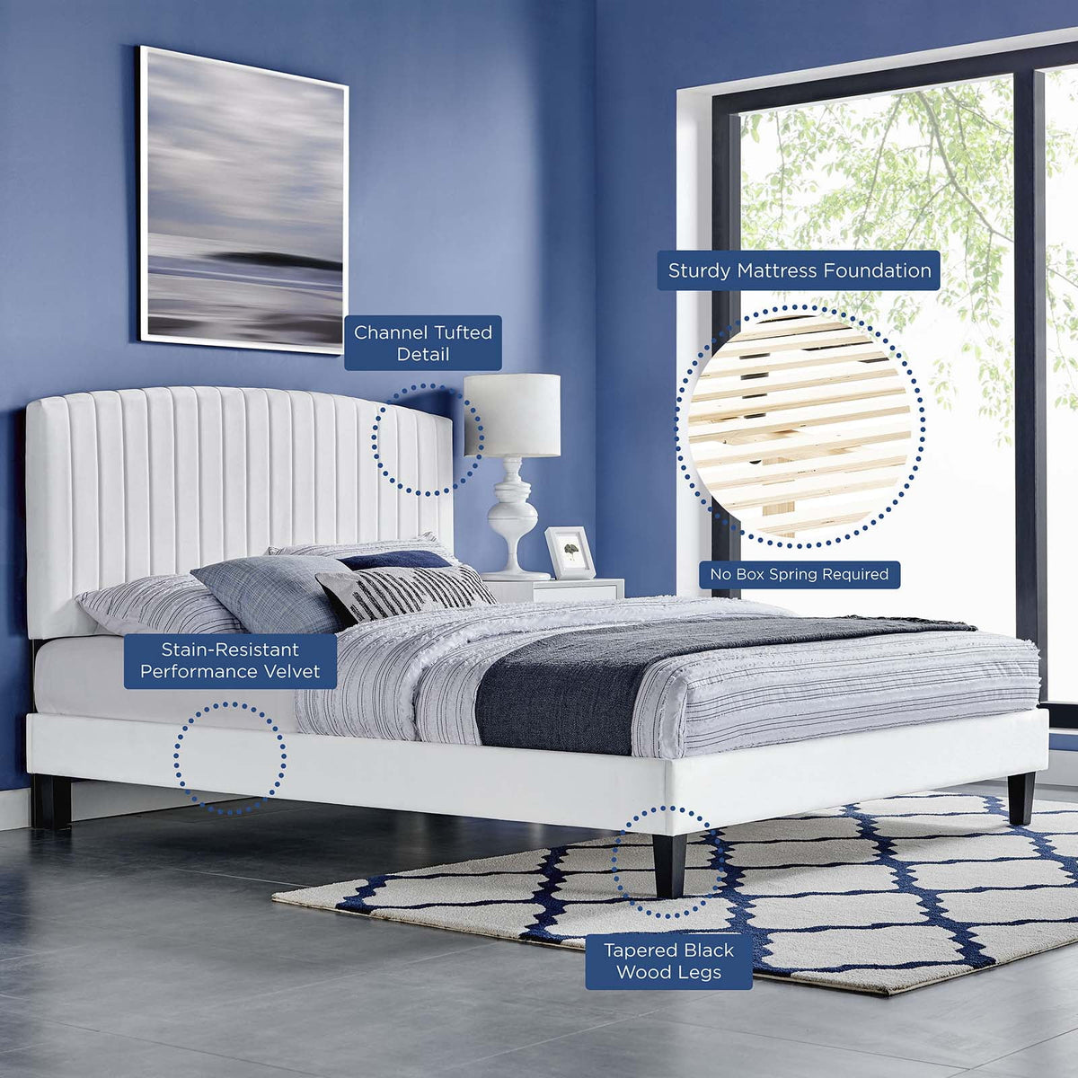 White Twin Size Velvet Platform Bed Frame U3835