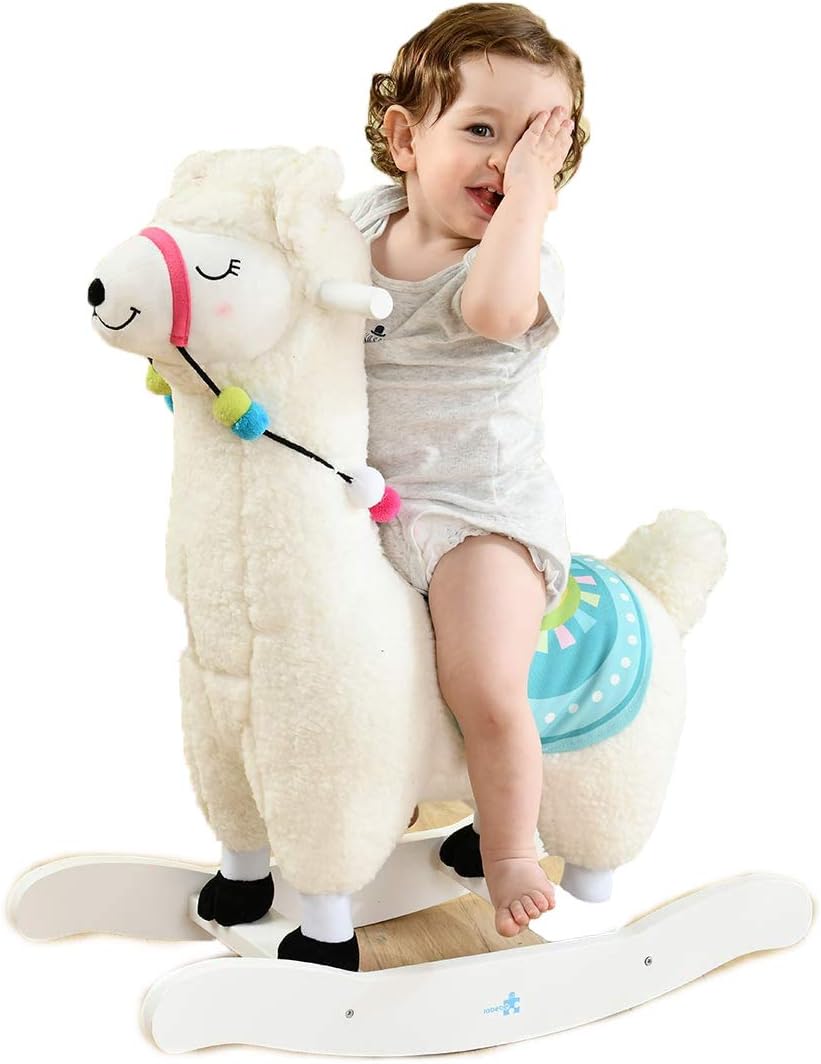 White Alpaca Plush Wooden Baby Rocking Horse E305891