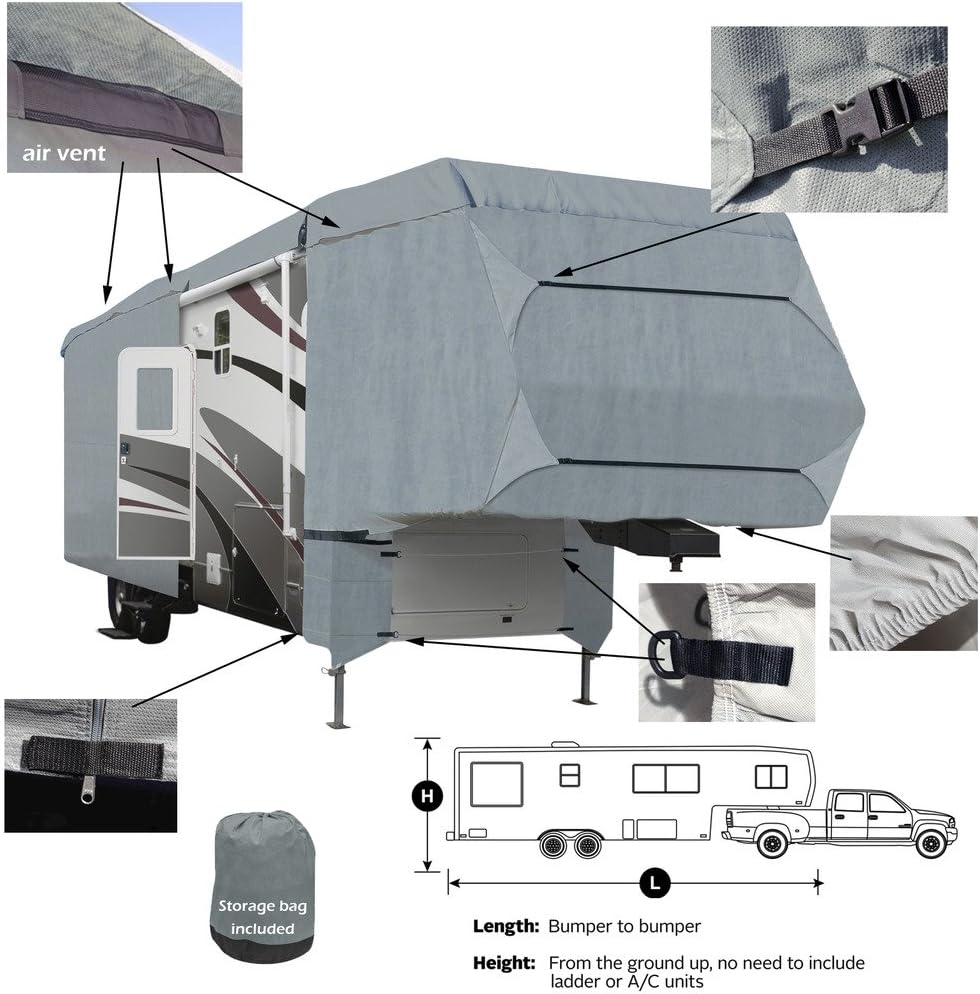 4-Layer 5th Wheel RV Travel Trailer Cover 33'-37'L with Zipper Access W539
