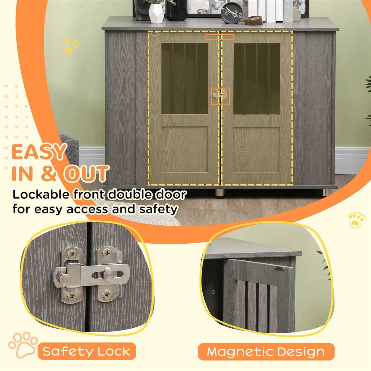Wooden Dog Crate End Table with Lockable Magnetic Doors I572