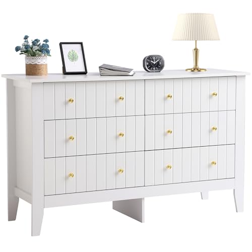White 6 Drawer Wood Dresser with Metal Handle F425268