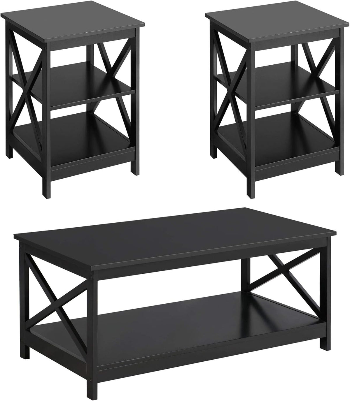 White 3 Piece Wood Table Set with Shelf and 2 End Tables M35373
