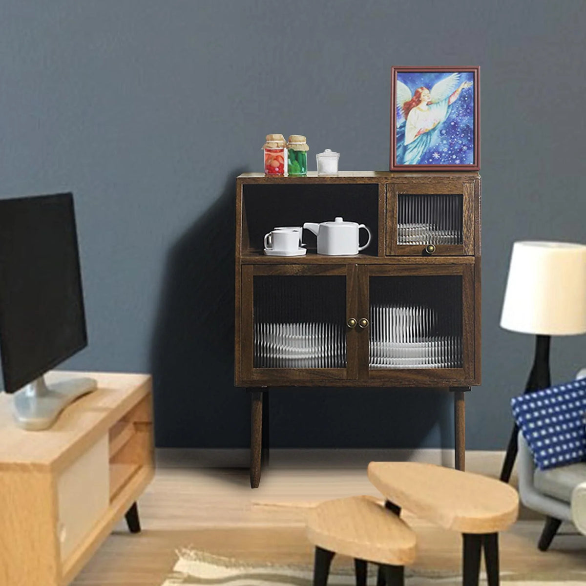 1/6 1/12 Scale Dollhouse Walnut Cabinets Cupboard K376