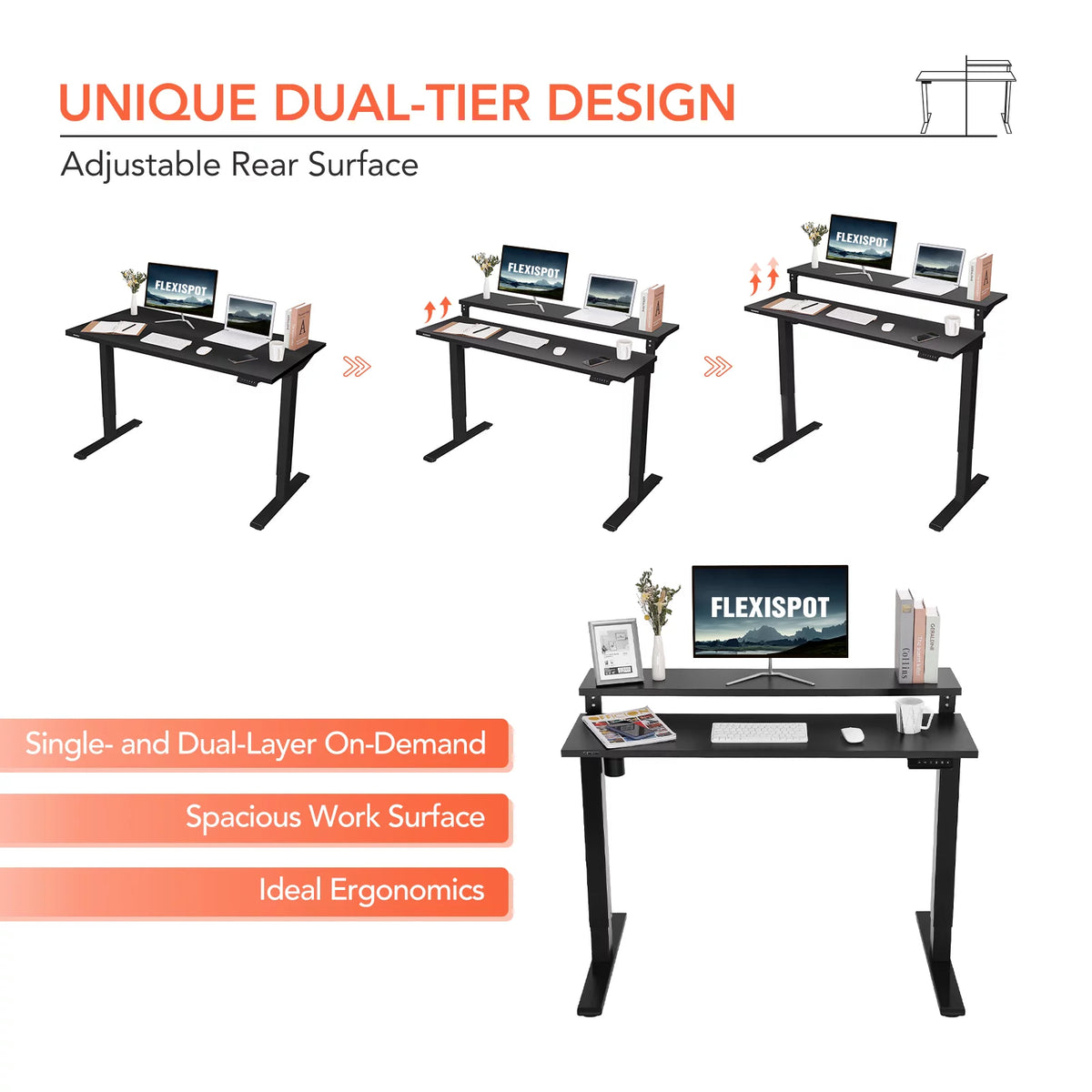 48"x24" Black 2-Tier Height Adjustable Standing Desk I935165