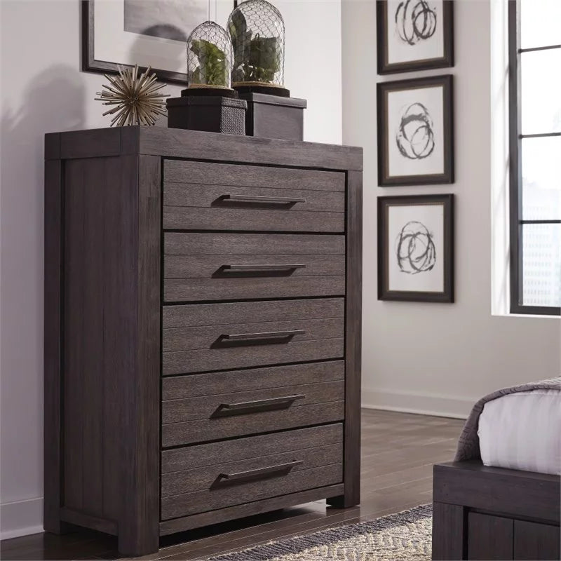 Solid Wood 5 Drawer Chest in Distressed Basalt Gray U566