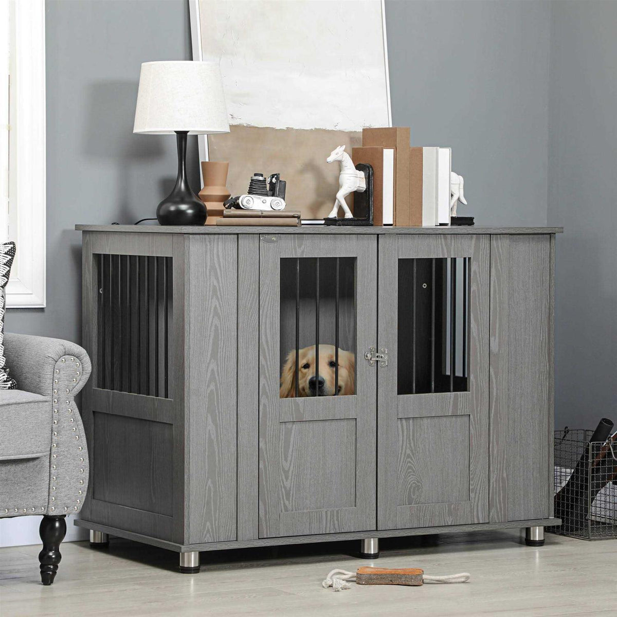Wooden Dog Crate End Table with Lockable Magnetic Doors I572