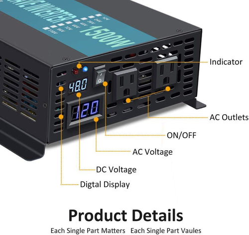 1500W Pure Sine Wave Power Inverter with 2 AC Outlets L61292