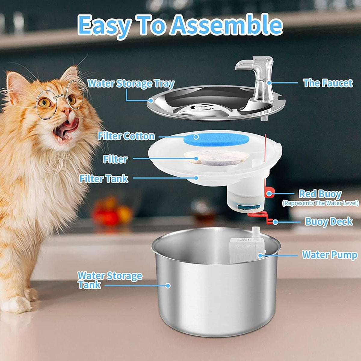 Stainless Steel Pet Water Fountain, 2L/67OZ Adjustable Water Flow X415316