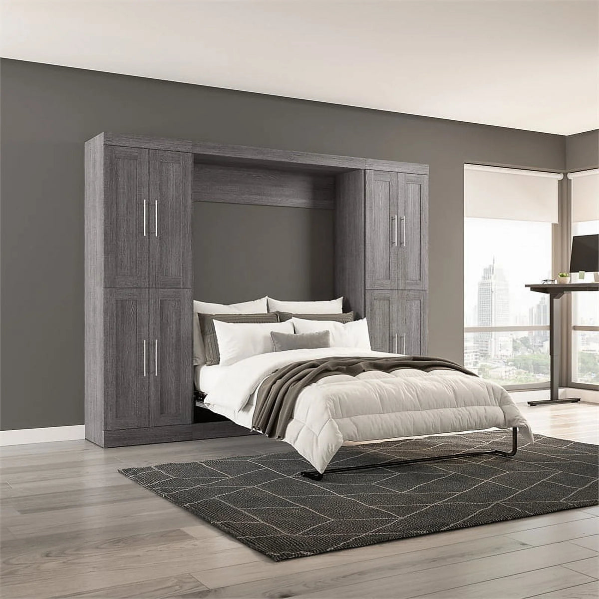 Bark Gray Full Murphy Bed with Storage Cabinets X7354