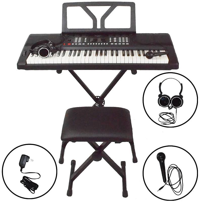 61 Key Portable Electronic Digital Keyboard Piano with Stand, Bench, Headphones, Microphone, Adapter T82363