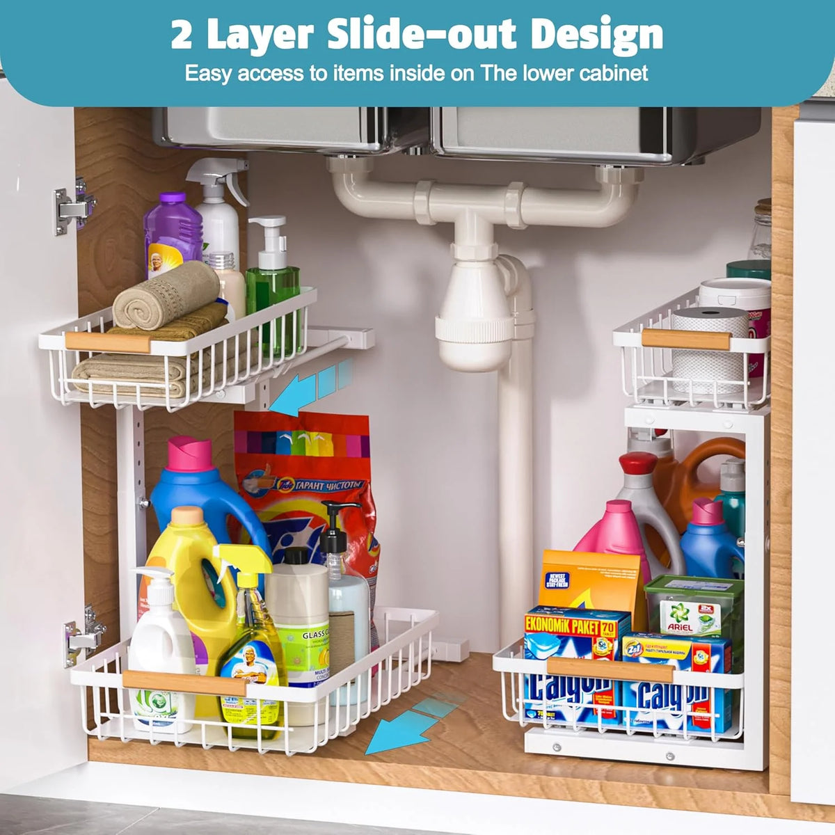White 2 Pack 2 Tier Slide Out Under Sink Organizer R454