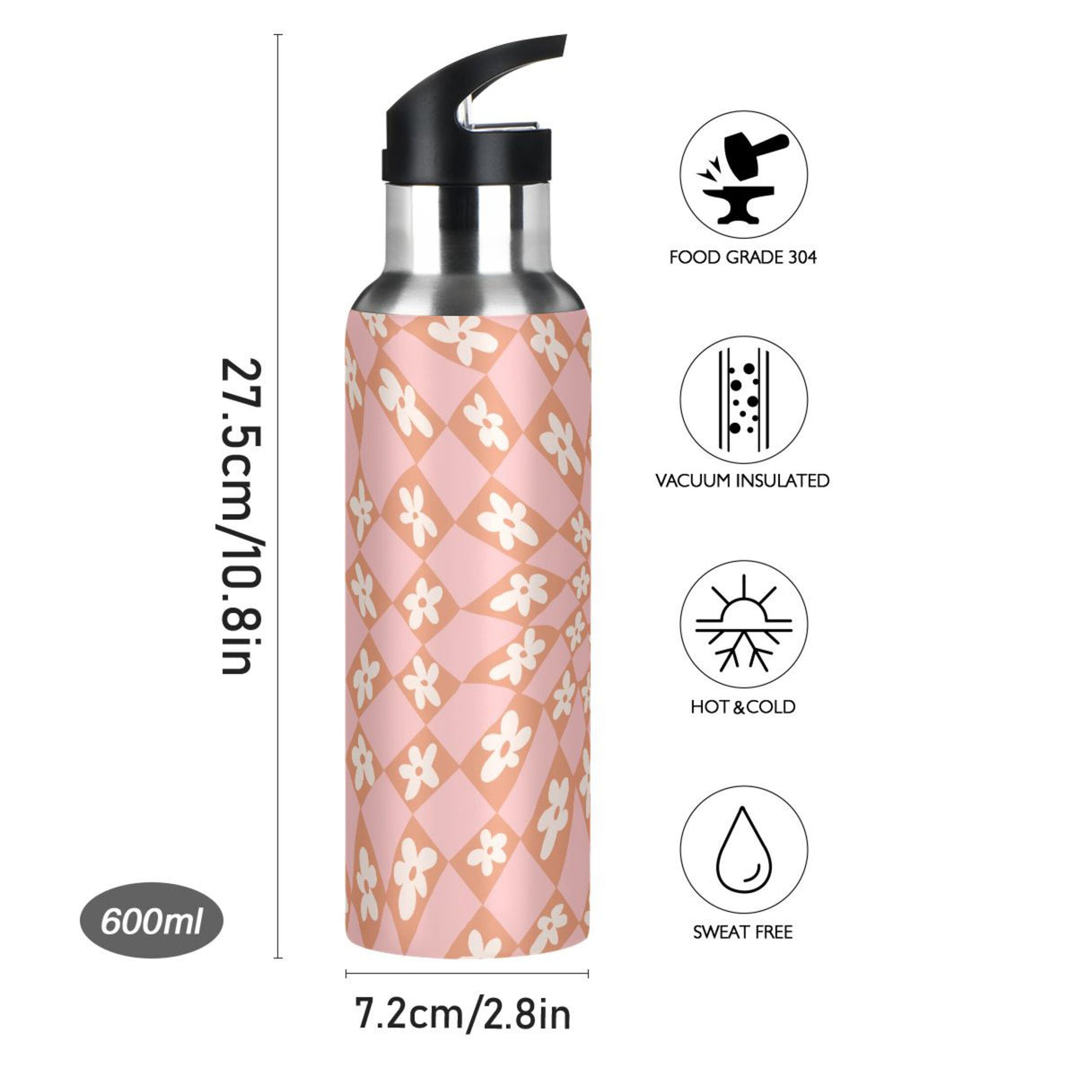 Pink-orange Lattice Flower Stainless Steel Insulated Vacuum Flask O2295