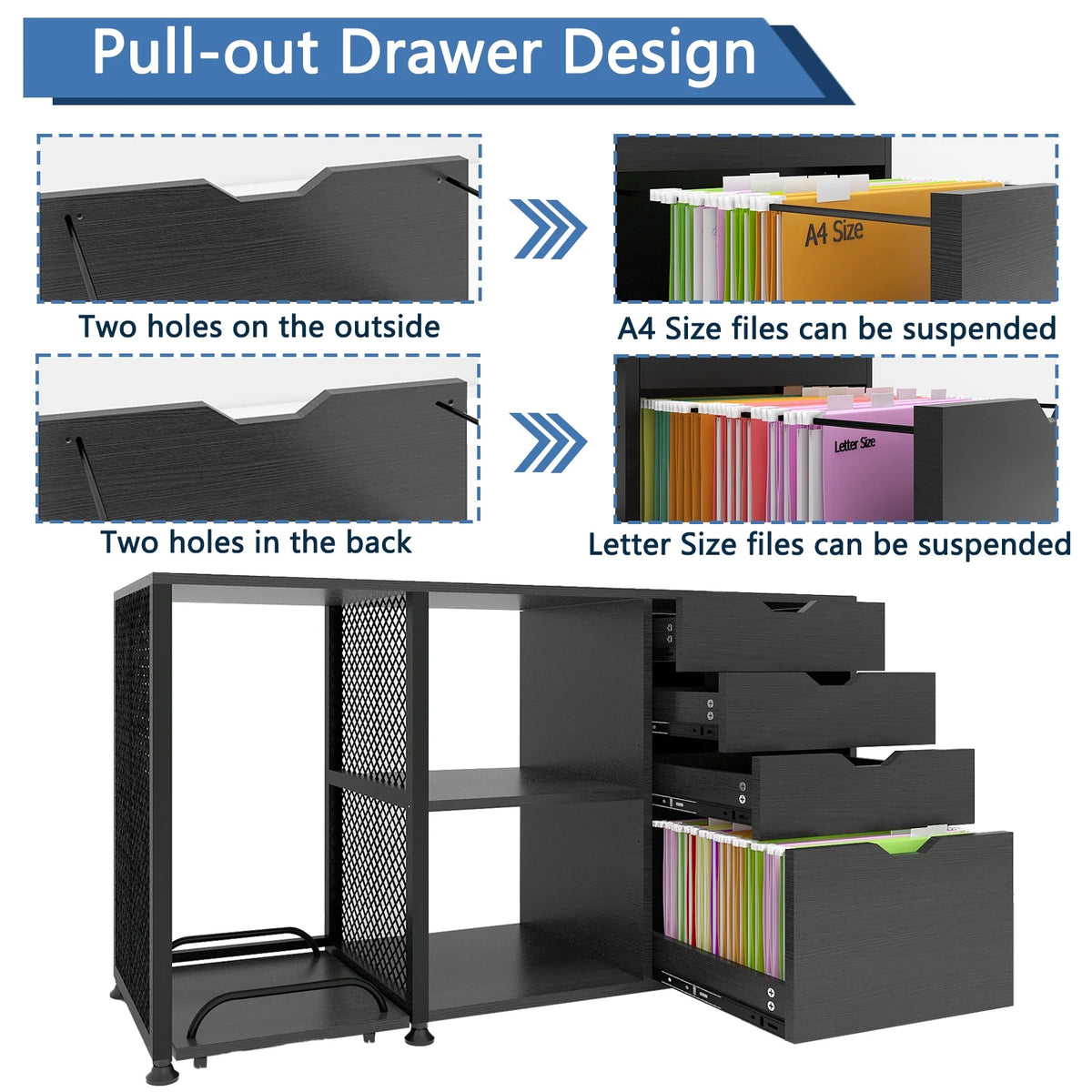 Black 4 Drawer Mobile File Cabinet with 3 Shelves Z331