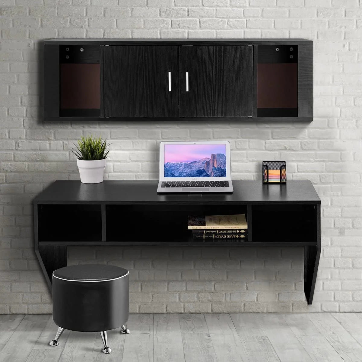 Wall Mounted Floating Computer Desk with Shelves Black Y20301