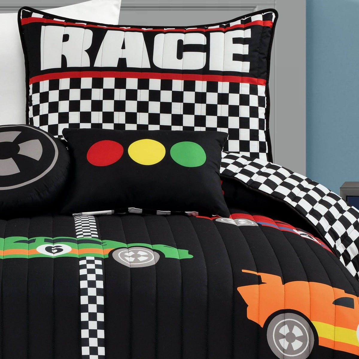 Racing Cars Quilt Black Multi 4pc Set Twin N2367