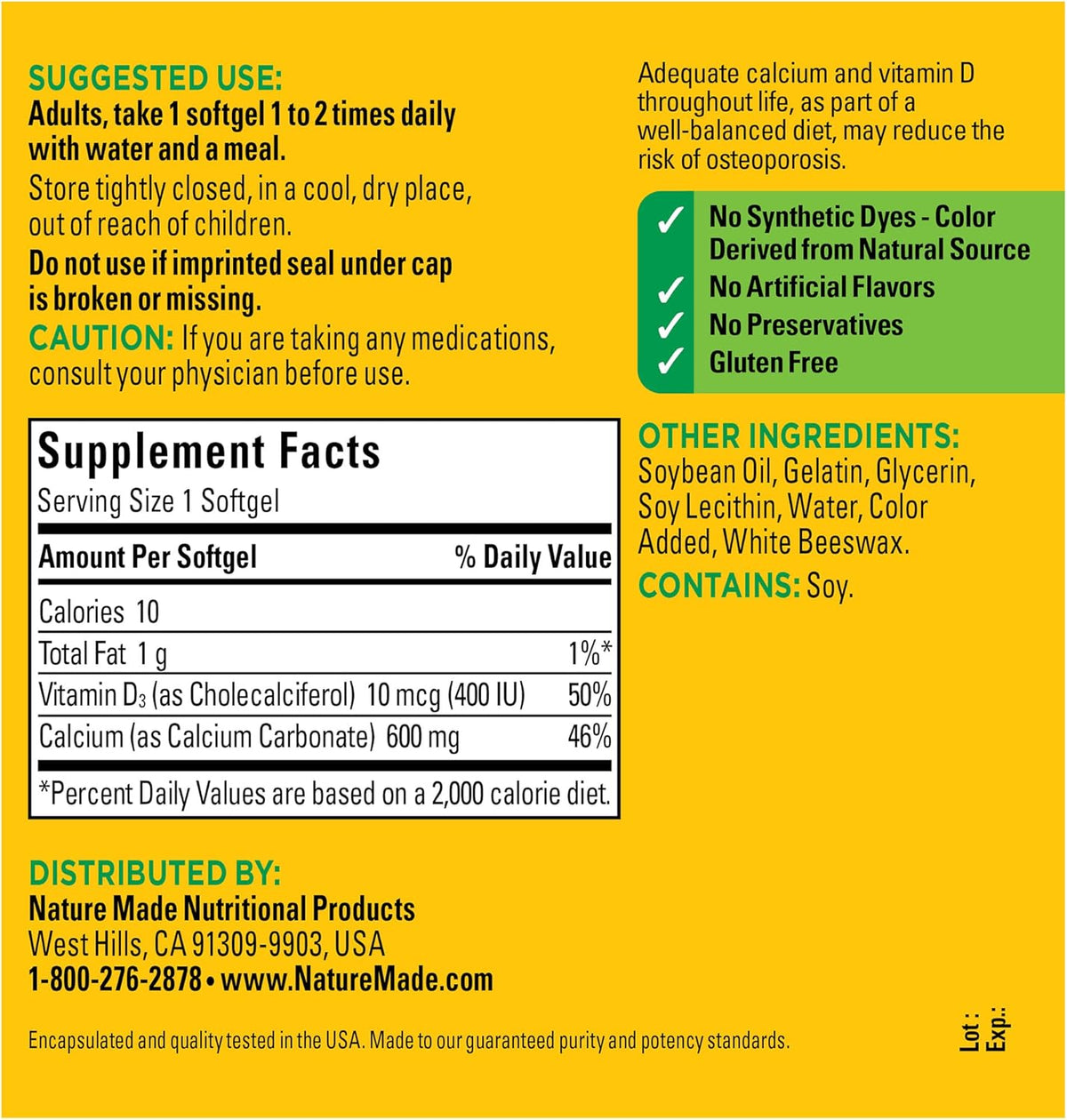 Calcium 600 mg with Vitamin D3 Dietary Supplement 100 Softgels J120794