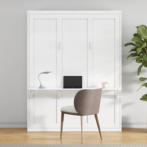 White Full Size Wood Murphy Bed with Desk P154
