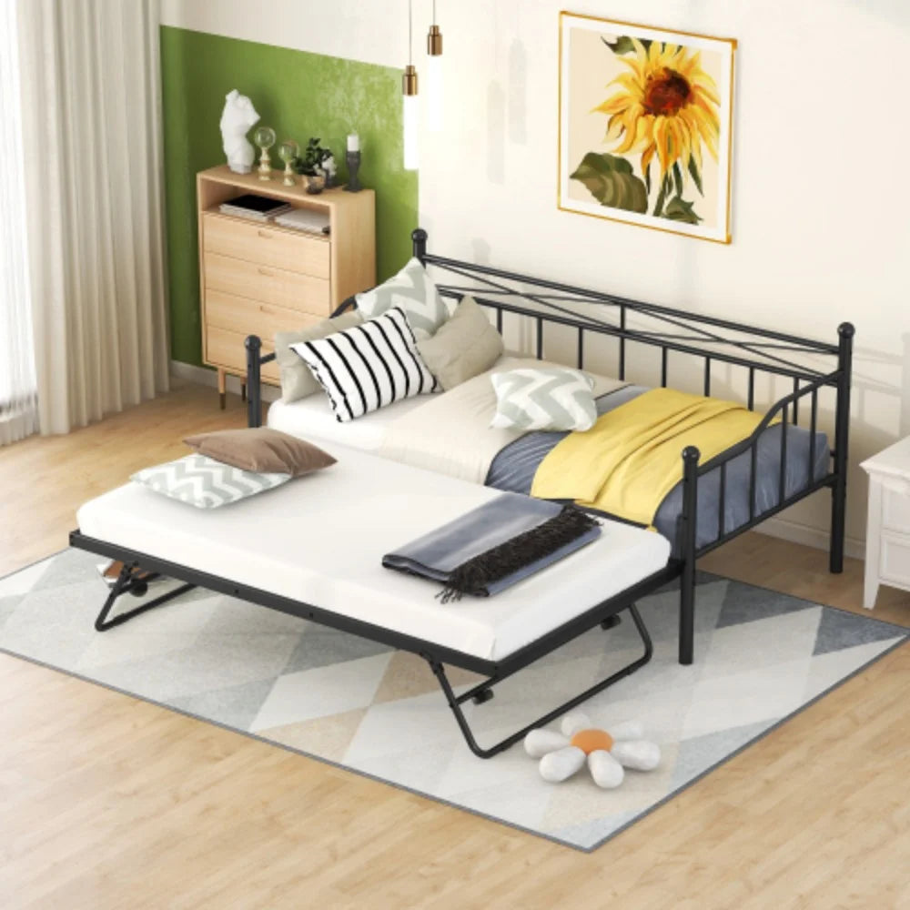 Twin Size Black White Metal Daybed with Adjustable Trundle N20269
