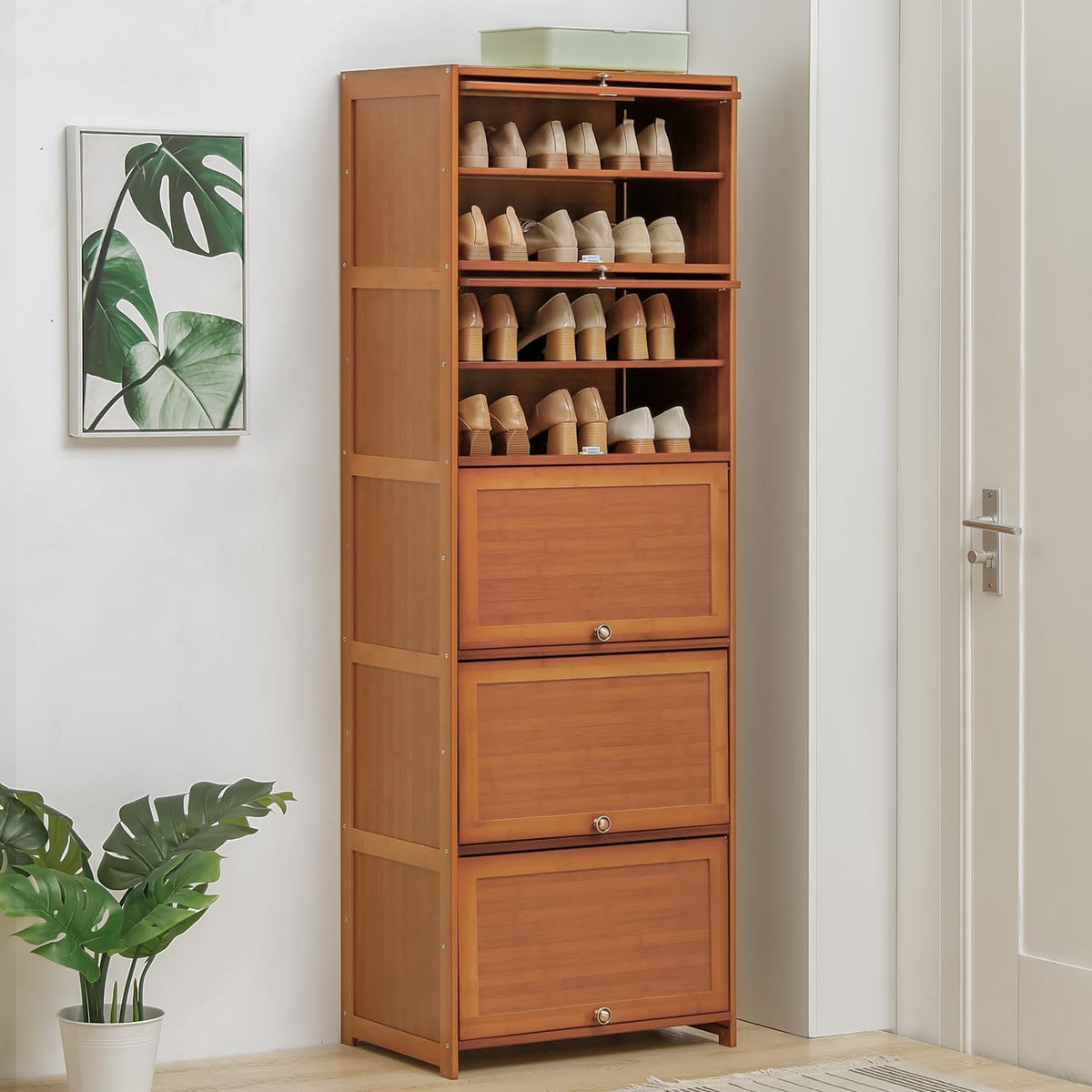 Tall Bamboo Shoe Storage Cabinet with Doors, 10 Tier Freestanding Shoe Shelf Rack G43892