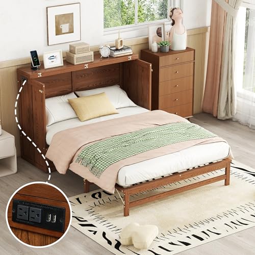 Queen Size Walnut Cabinet Murphy Bed with Drawer H99561
