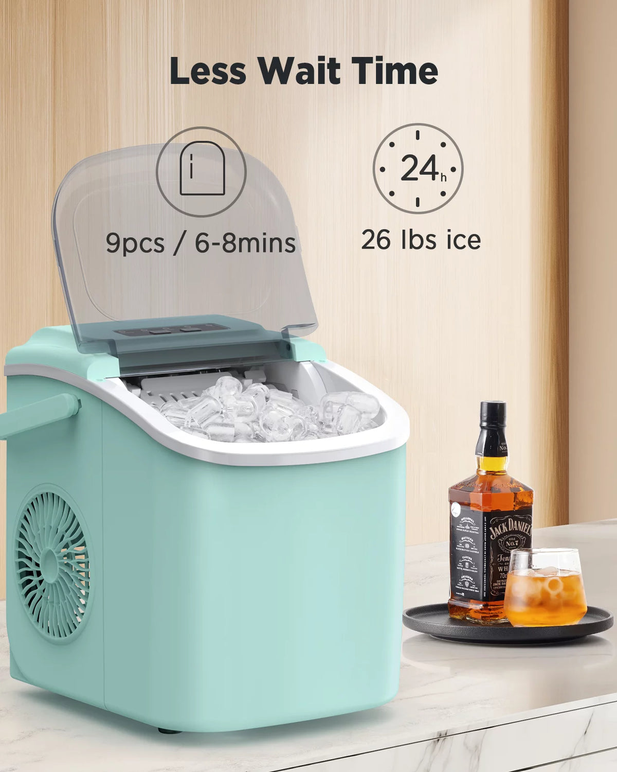 Countertop Ice Maker with Handle, 9 Cubes/6 Mins, 26lbs/24Hrs, Self-Cleaning, Ice Scoop and Basket, 2 Sizes of Bullet Ice, Green H325055