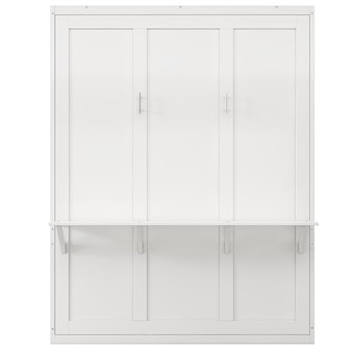 White Full Size Wood Murphy Bed with Desk P154