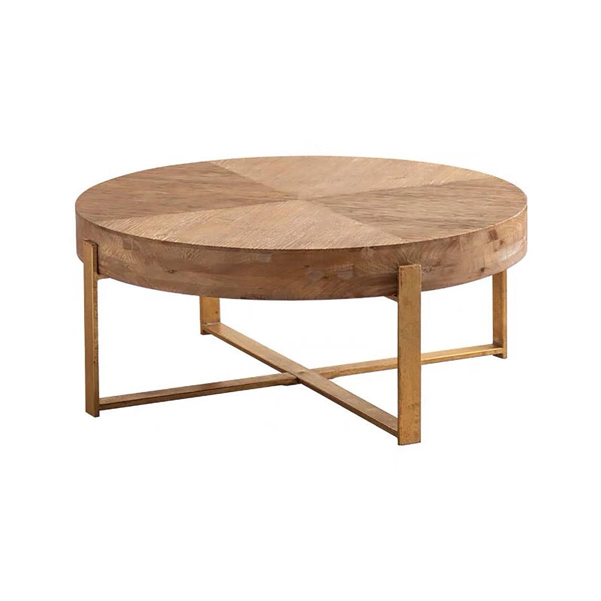 Modern Wood Round Coffee Table with Gold Cross Legs E929
