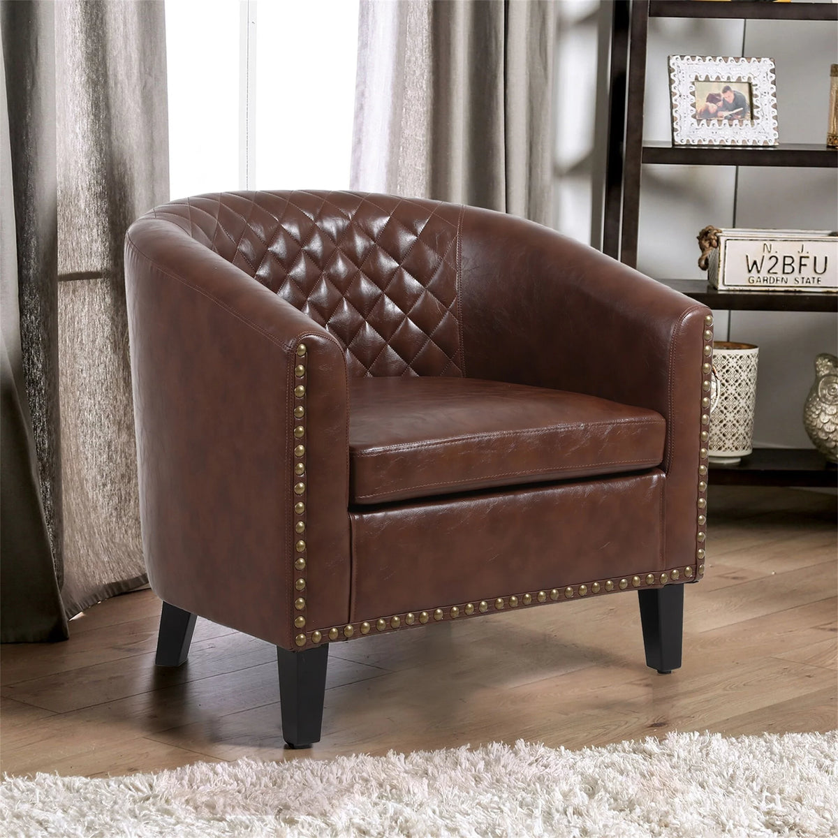 Black PU Leather Barrel Chair with Nailheads U44253