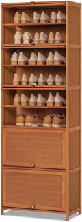 Tall Bamboo Shoe Storage Cabinet with Doors, 10 Tier Freestanding Shoe Shelf Rack G43892