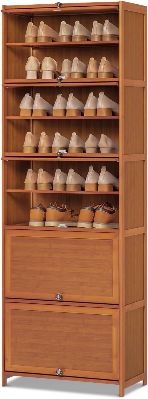 Tall Bamboo Shoe Storage Cabinet with Doors, 10 Tier Freestanding Shoe Shelf Rack G43892