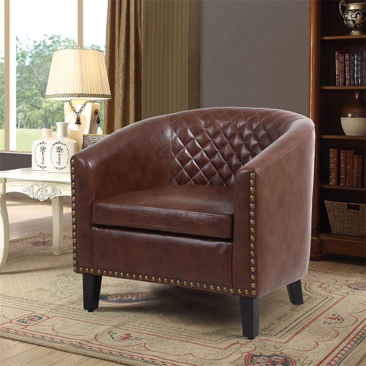 Black PU Leather Barrel Chair with Nailheads U44253