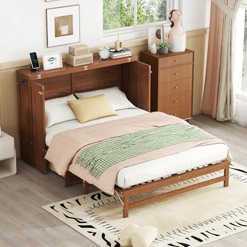 Queen Size Walnut Cabinet Murphy Bed with Drawer H99561