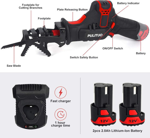 12V Cordless Reciprocating Saw with 2pcs 2.0Ah Li-Ion Battery and 4 Saw Blades J191403