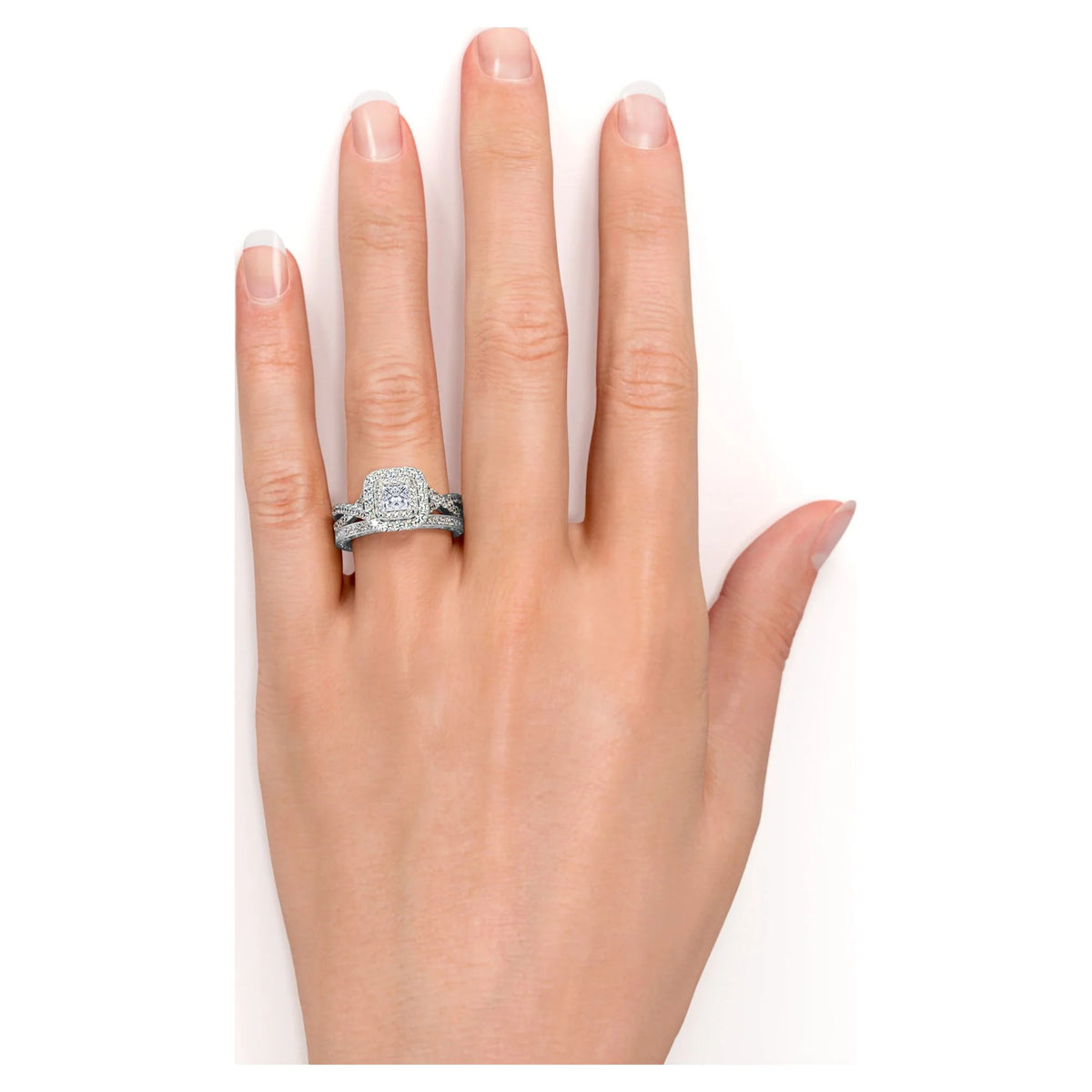 18K White Gold over Silver Moissanite Wedding Ring Set B463