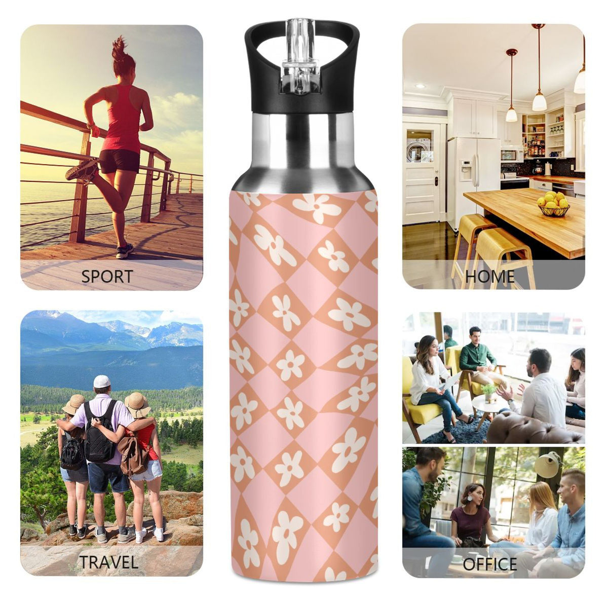 Pink-orange Lattice Flower Stainless Steel Insulated Vacuum Flask O2295