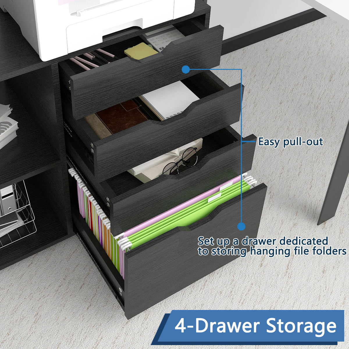 Black 4 Drawer Mobile File Cabinet with 3 Shelves Z331