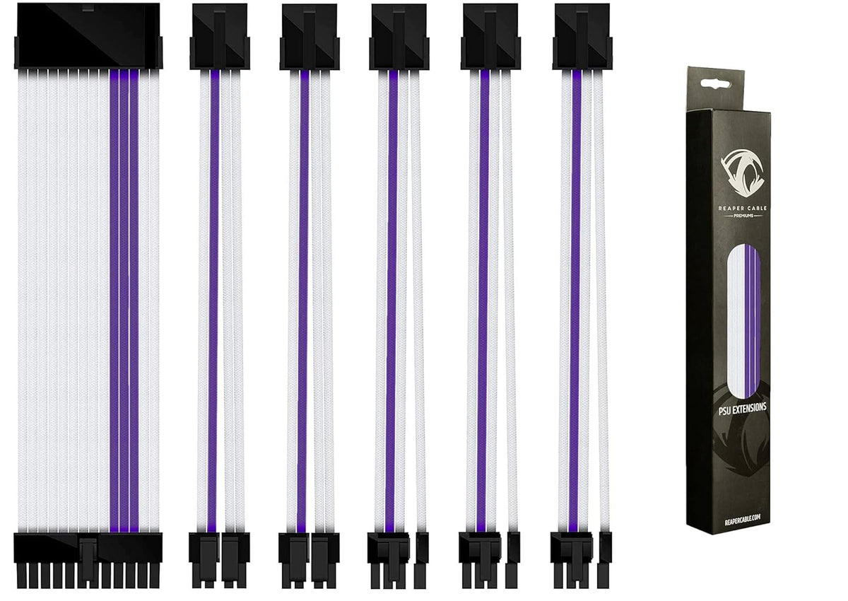Sleeved PSU Extension Set with Aluminium Cable Combs, 24 Pin, 4+4 Pin, 6+2 Pin, 30cm, White & Purple O982