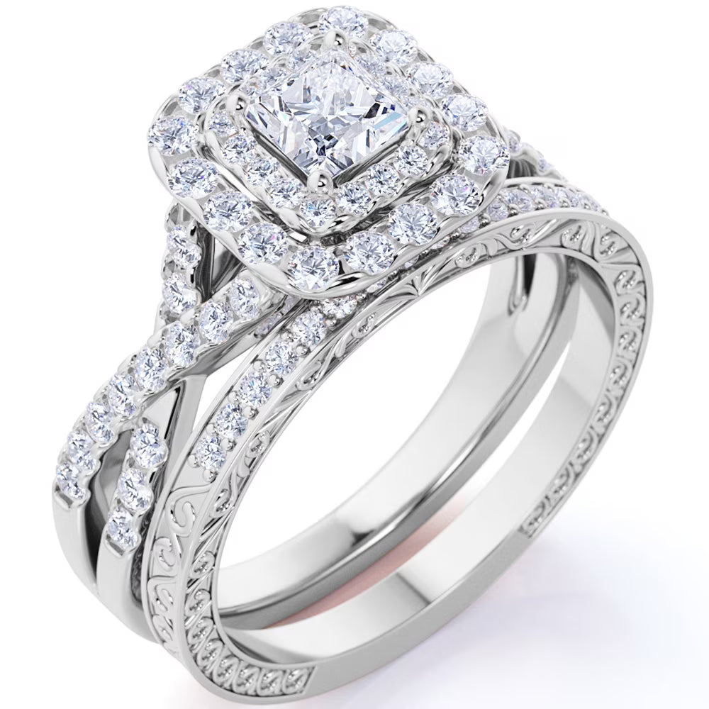 18K White Gold over Silver Moissanite Wedding Ring Set B463