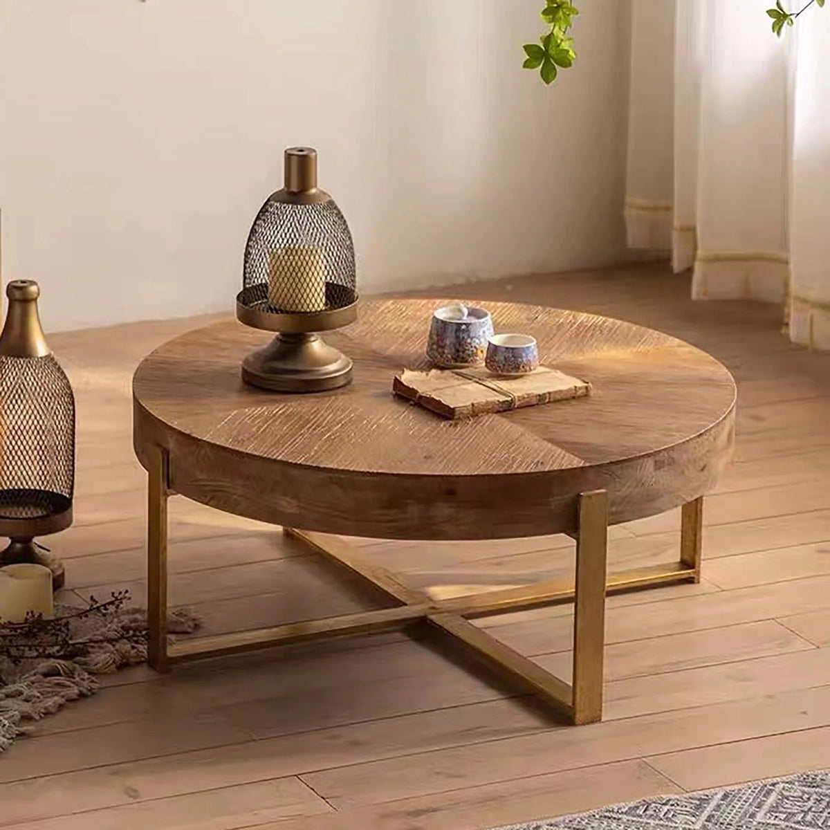 Modern Wood Round Coffee Table with Gold Cross Legs E929